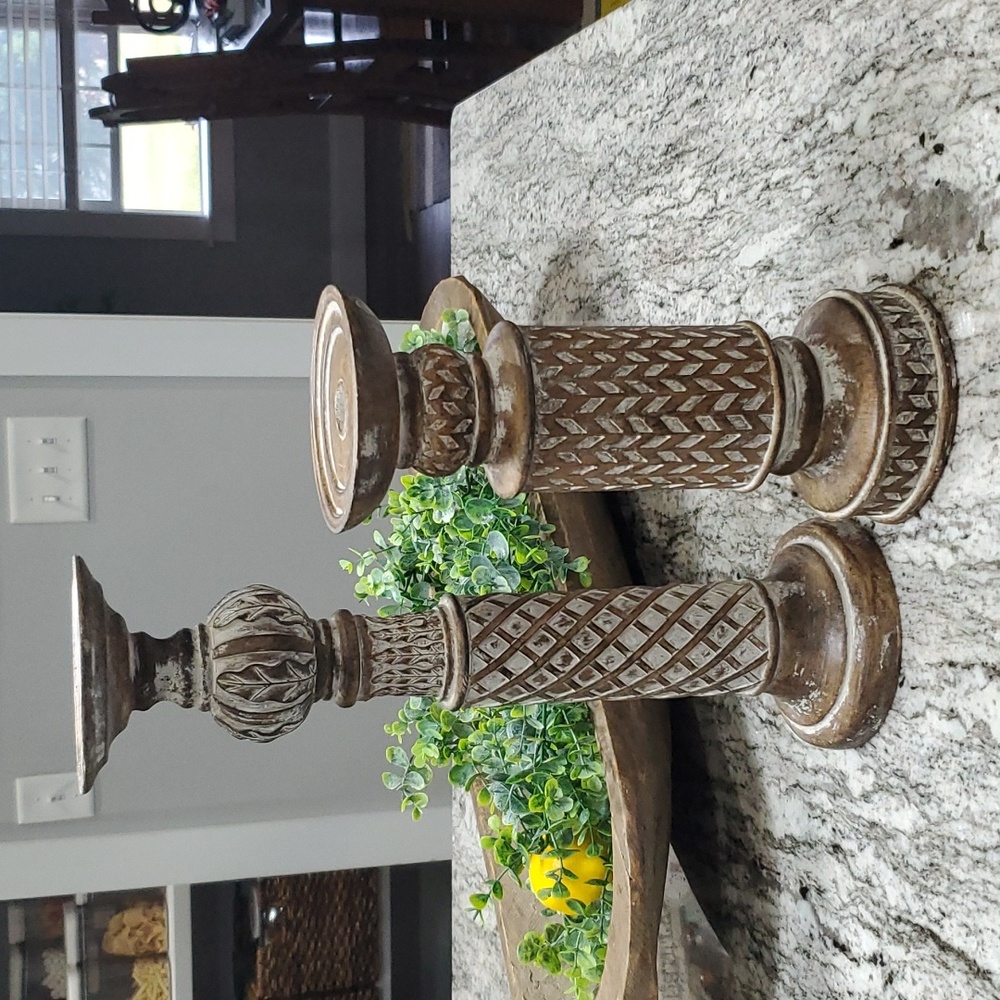 Faux wood distressed candlesticks